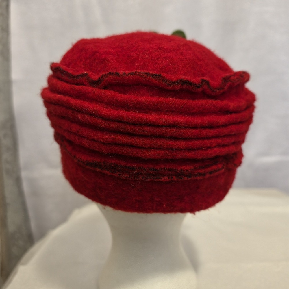 Platania Italy Red Wool Blend Cloche Hat 3D Felt Flowers Made in Italy - Picture 3 of 5